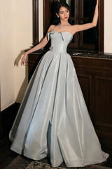 Blue satin long prom dress blue evening dress