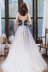 Stylish v neck tulle long A line prom dress blue evening dress