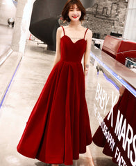 Burgundy velvet tea length prom dress party dress