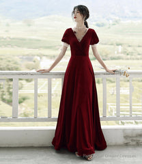 Burgundy velvet long prom dress A line evening dress