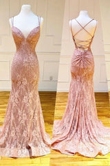 Unique Pink Long Mermaid Open Back Lace Dress, Senior Prom Dress