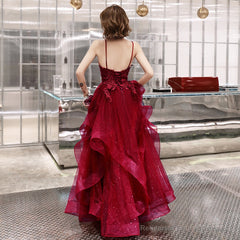 Burgundy lace tulle long A line prom dress