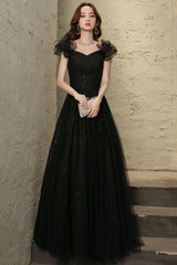 Black tulle beaded long prom dress evening dress