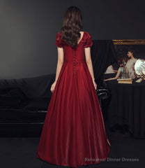 Burgundy satin long prom dress A line evening gown