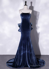 Prom Dresses,spaghetti Strap Prom Dresses, Blue Evening Dresses Velvet Party Dresses