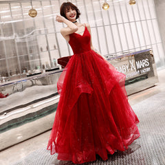 Stylish v neck tulle long prom dress, evening dress