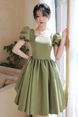 Green satin short prom dress A-line homecoming dress