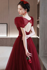 Burgundy tulle beads long prom dress A line evening dress