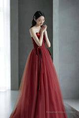 Burgundy tulle sequins long prom dress evening dress