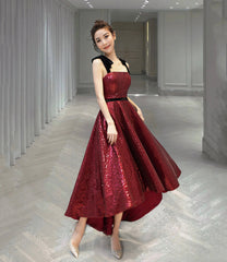 Burgundy sequins high low prom dress homecoming dress