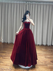 Burgundy Velvet Beaded Long Strapless Prom Dress