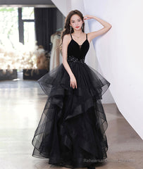 Black V-Neck Lace Long Prom Dress, A-Line Evening Dress