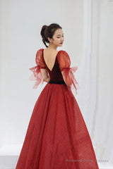 Burgundy velvet tulle long prom dress evening dress