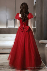 Burgundy velvet tulle long prom dress A line evening dress