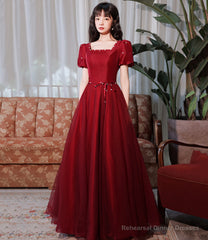 Burgundy satin tulle long prom dress A line evenig dress