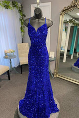 Spaghetti Straps Mermaid Sequin Long Evening Prom Dress