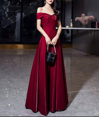 Shiny satin long prom dress burgundy evening dress