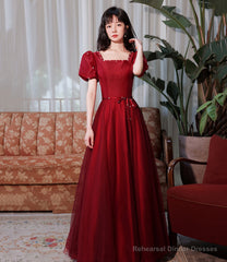 Burgundy satin tulle long prom dress A line evenig dress