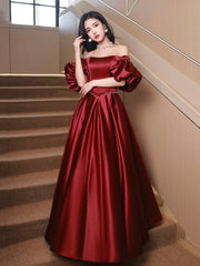 Burgundy Satin Long A-Line Formal Prom Dress