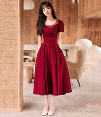 Burgundy satin short prom dress A-line evening dress