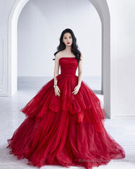 Red tulle long A line prom dress red evening dress