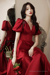 Burgundy satin long prom dress A line evening dress