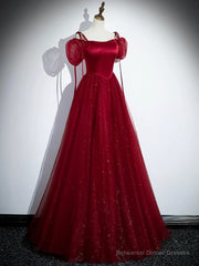 Burgundy Satin Tulle Floor Length Prom Party Dress