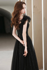 Black tulle beaded long prom dress evening dress