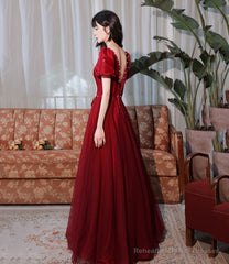 Burgundy satin tulle long prom dress A line evenig dress