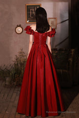 Burgundy satin long prom dress A line evening dress