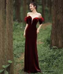 Burgundy Velvet Long Prom Dress with Pearls, Mermaid Off Shoulder Evening Party Dress