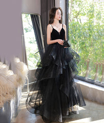 Black V-Neck Lace Long Prom Dress, A-Line Evening Dress