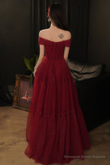 Burgundy tulle long prom dress A line evening dress