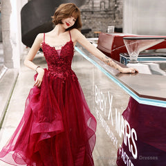 Burgundy lace tulle long A line prom dress