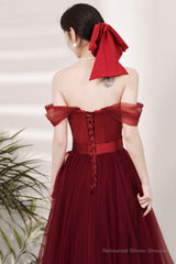 Burgundy tulle long prom dress A-line evening dress