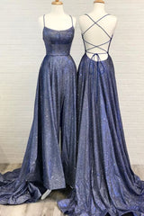 Shiny Navy Blue Sequin A Line Long Prom Dress With Slit