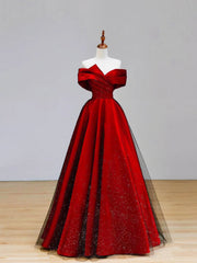 Burgundy Satin and Black Tulle Floor Length Prom Dress