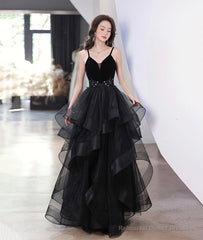 Black V-Neck Lace Long Prom Dress, A-Line Evening Dress