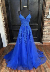 A-line Spaghetti Straps Sweep Train Tulle Prom Dress With Lace Appliqued