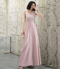 Pink V-neck long prom dress A-line evening dress