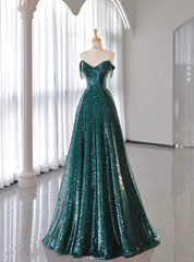 New A-Line Dark Green Prom Dress, Off-The-Shoulder Prom Dress With Cape, Sweeping Tail Prom Dress