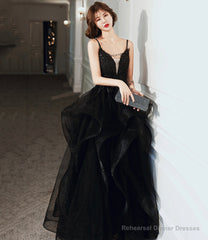 Black v neck lace long prom dress A line evening dress