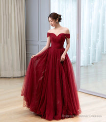 Burgundy Tulle Long Prom Dress A Line Evening Dress