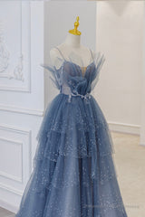 Blue Tulle Beads Long Ball Gown Dress Blue Formal Dress