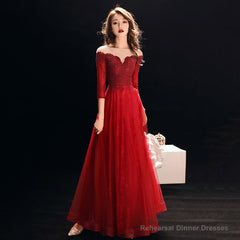 Burgundy lace tulle prom dress evening dress