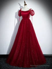 Burgundy Satin Tulle Floor Length Prom Party Dress