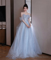 Cute Tulle Sequins Long Prom Dress, Blue A-Line Evening Dress