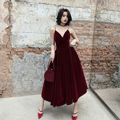 Simple burgundy velvet short prom dress