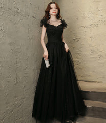 Black tulle beaded long prom dress evening dress