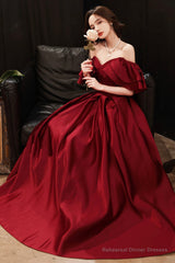 Burgundy satin long prom dress A line evening dress